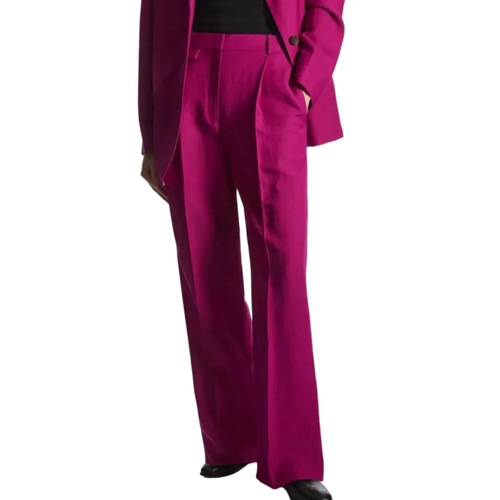 COS Womens Fuchsia Wide-Leg Pleated Linen-Blend Trousers Size 4